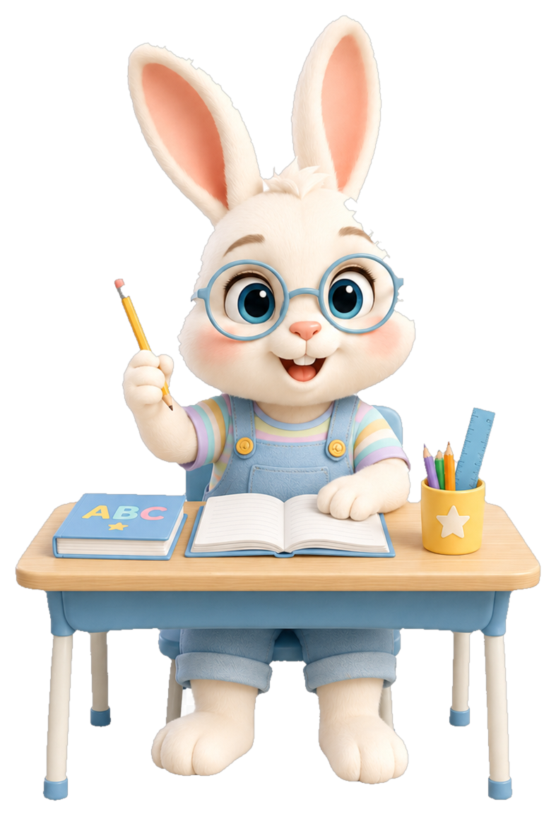 Hop the bunny sitting at a desk with a book and pencil