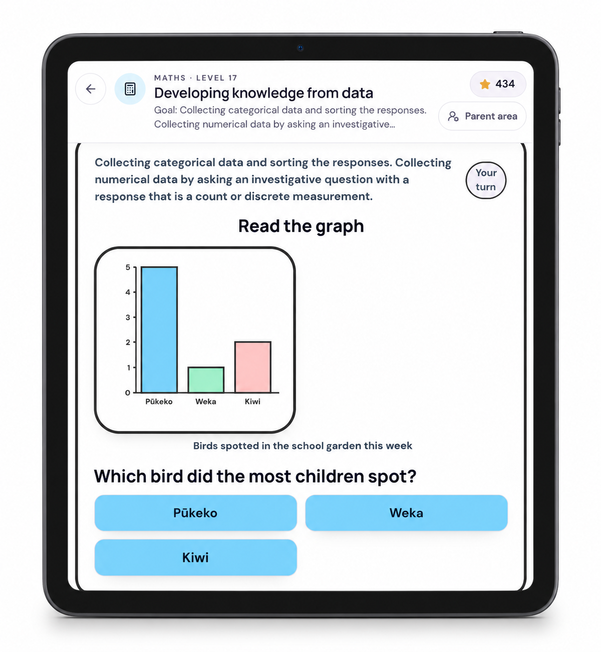 A HopFocus Maths lesson asking a child to read a graph and choose an answer