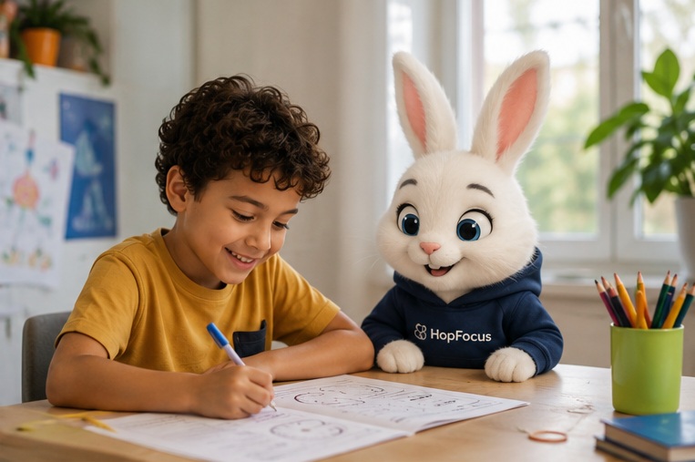 A child smiling while working through an activity with Hop the bunny beside him