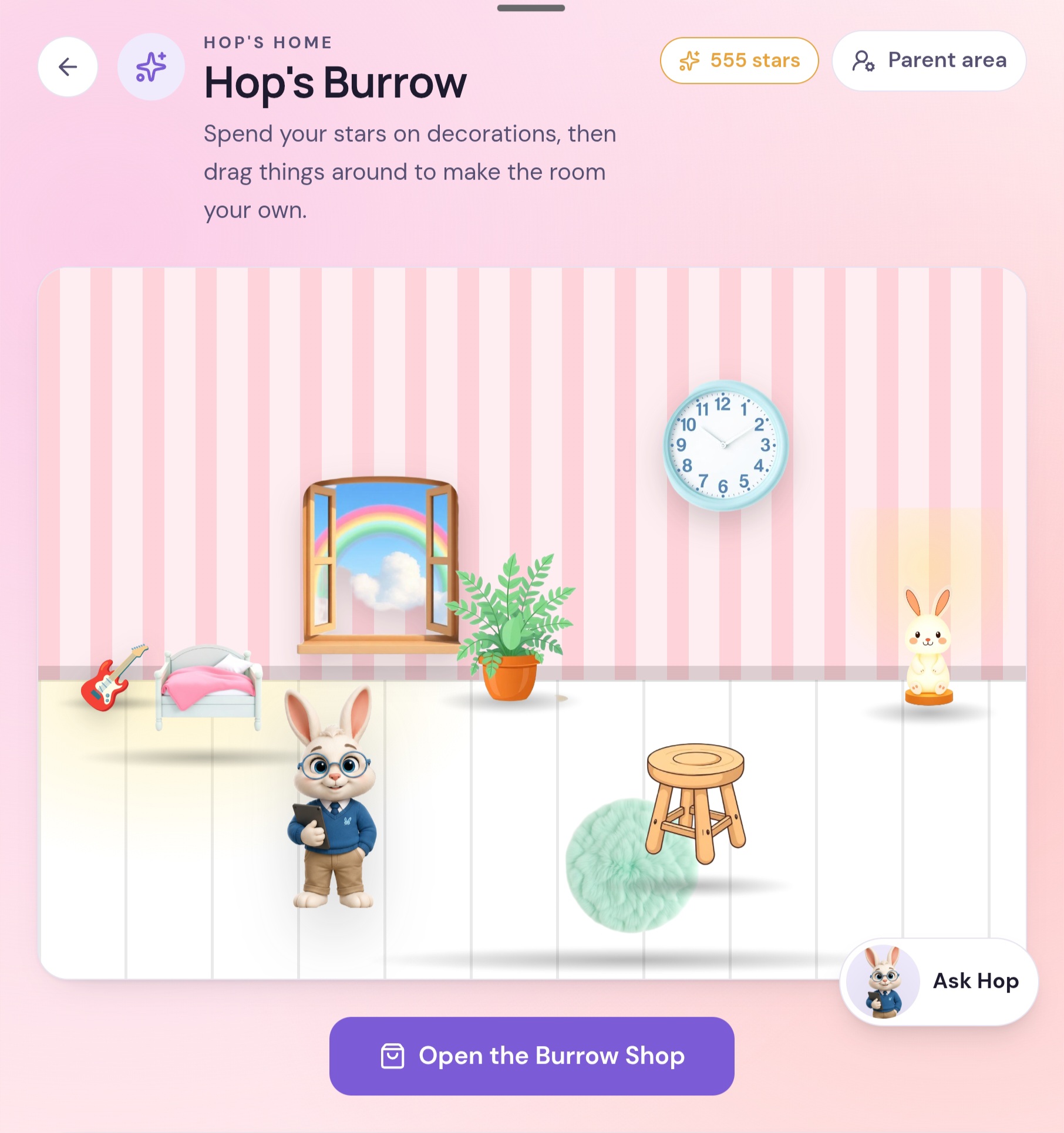 Hop's Burrow reward room where children spend earned stars