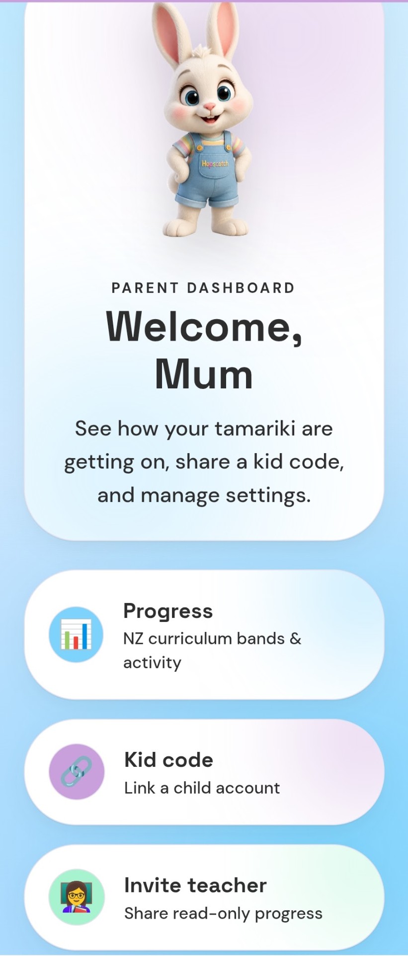 Real HopFocus screenshot — Parent dashboard